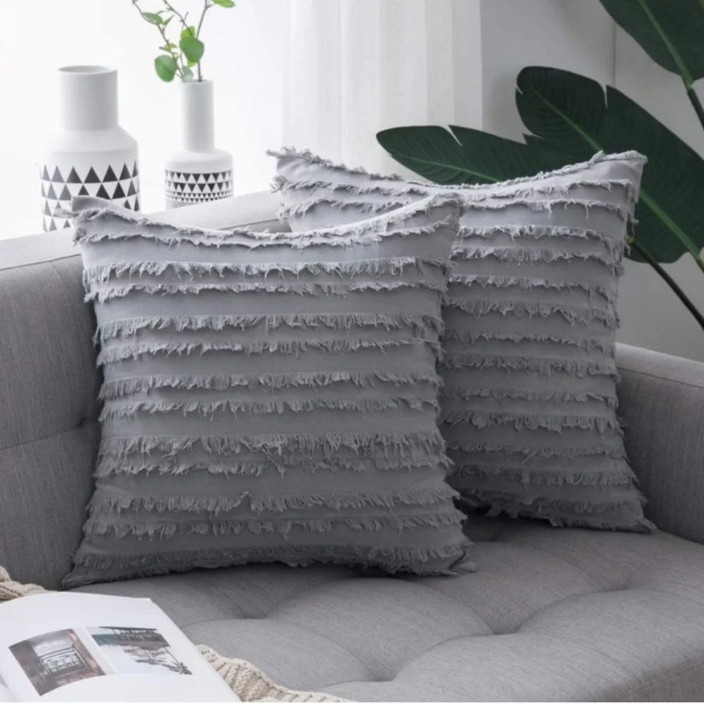 Luxury Home | Boho Chic Grey Frayed Edge Striped Jaquard Throw Pillow Covers